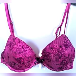 NEW DARK PINK LACE PRINT PUSH UP BRA, SIZE 34B BY XHILARATION